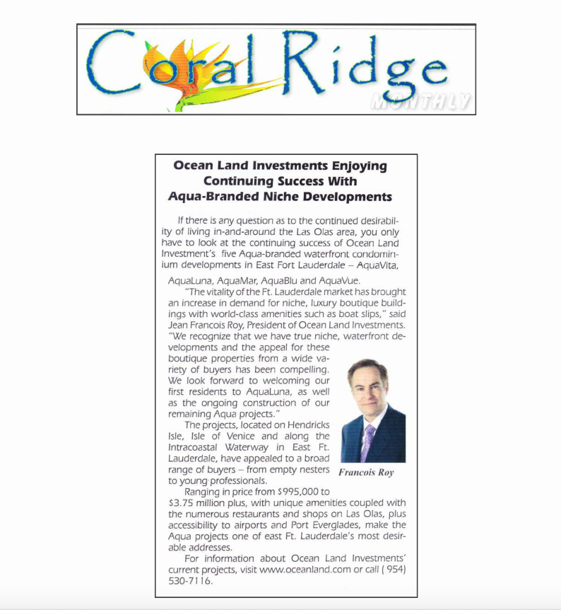Press clip image of article in Coral Ridge Monthly.